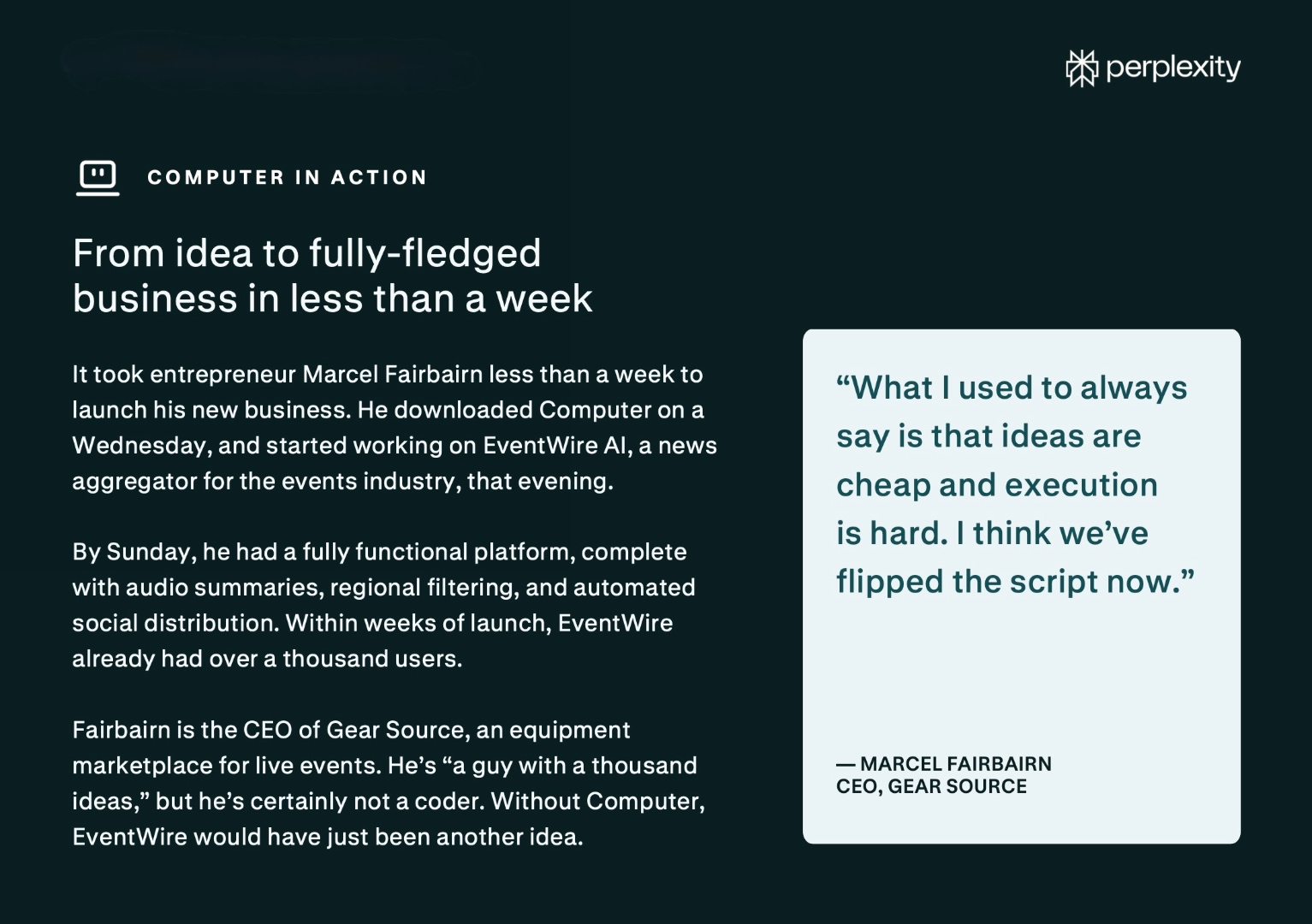 Perplexity feature on Marcel Fairbairn: From idea to fully-fledged business in less than a week.